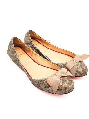 Christian Louboutin Gloriana Glittered Gold Fabric Ballet Bow Flats EU 37.5